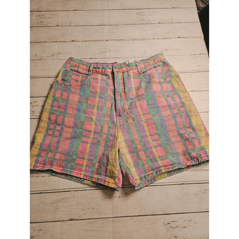 Vintage Carolina Colours Plaid Denim Shorts High Rise 32 Waist Pastel 80s 90s